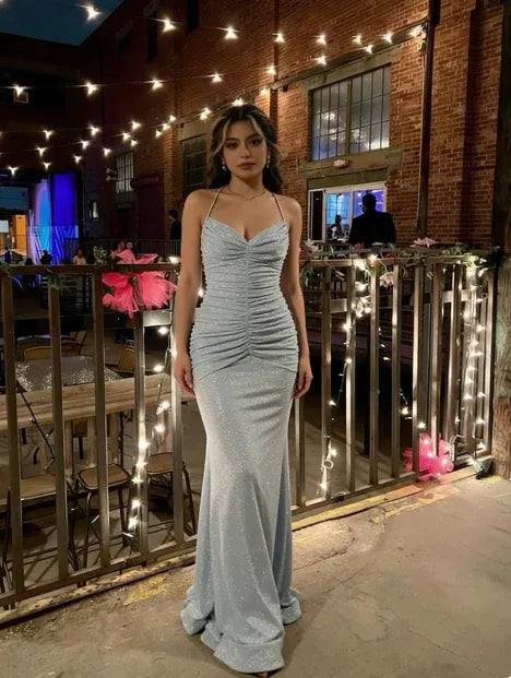 Charming Mermaid Spaghetti Strap Ruched Glitter Light Blue Prom Dress With Train