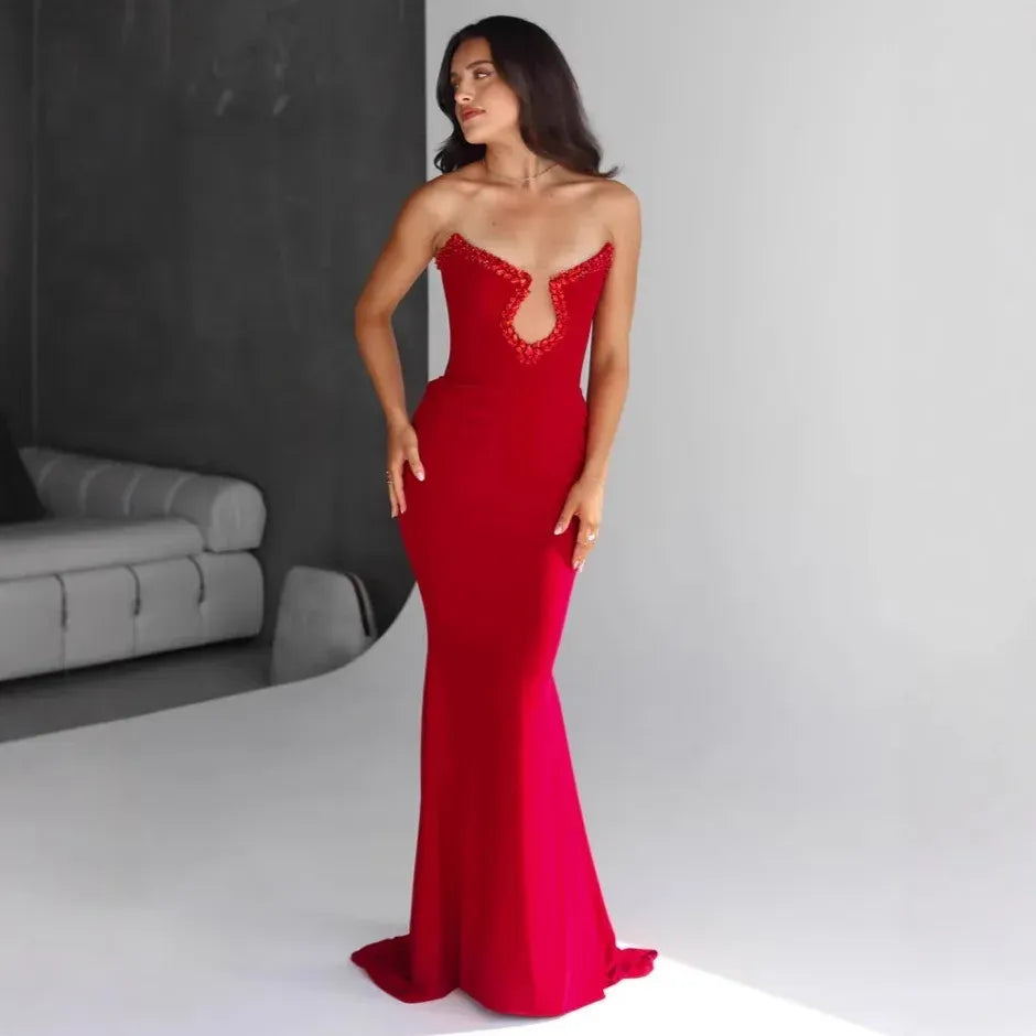 Charming Mermaid Strapless Keyhole Beaded Red Prom Dress With Train