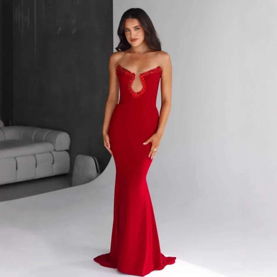 Charming Mermaid Strapless Keyhole Beaded Red Prom Dress With Train
