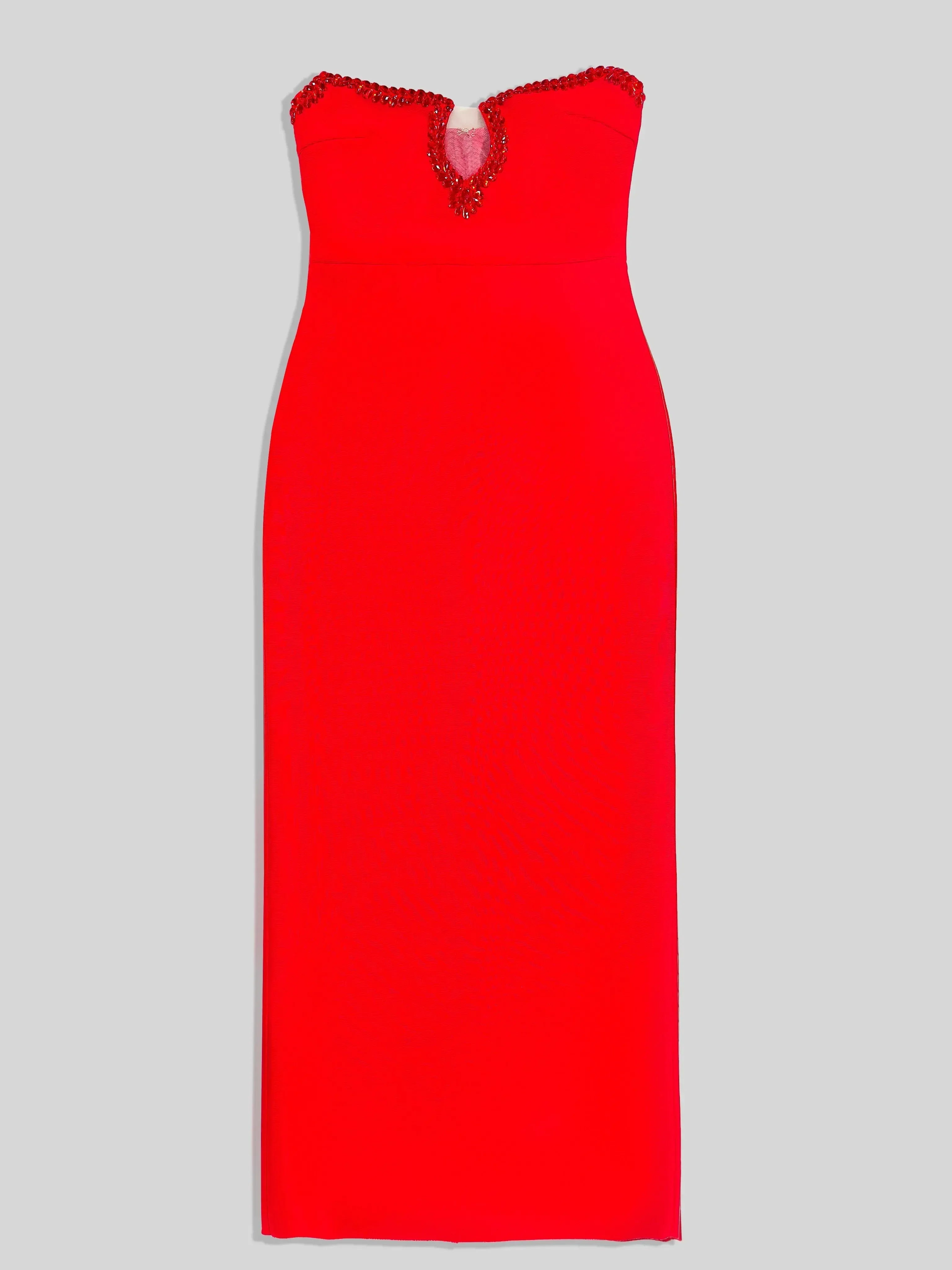 Charming Mermaid Strapless Keyhole Beaded Red Prom Dress With Train