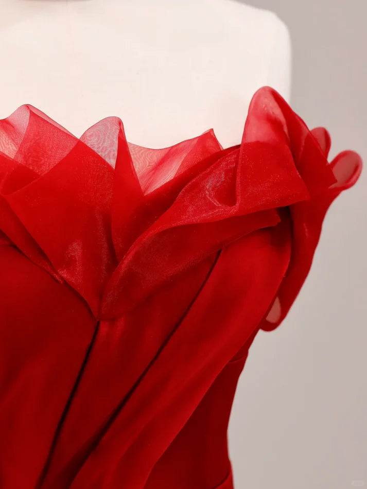 Charming Mermaid Strapless Pleated Satin Red Prom Dress Evening Dress