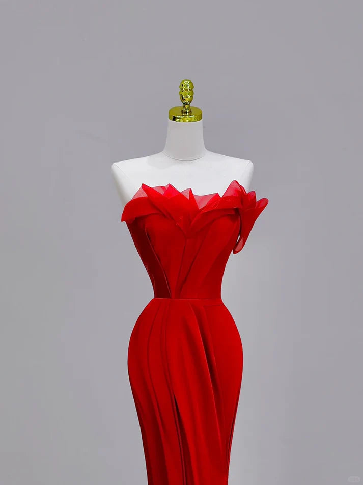 Charming Mermaid Strapless Pleated Satin Red Prom Dress Evening Dress