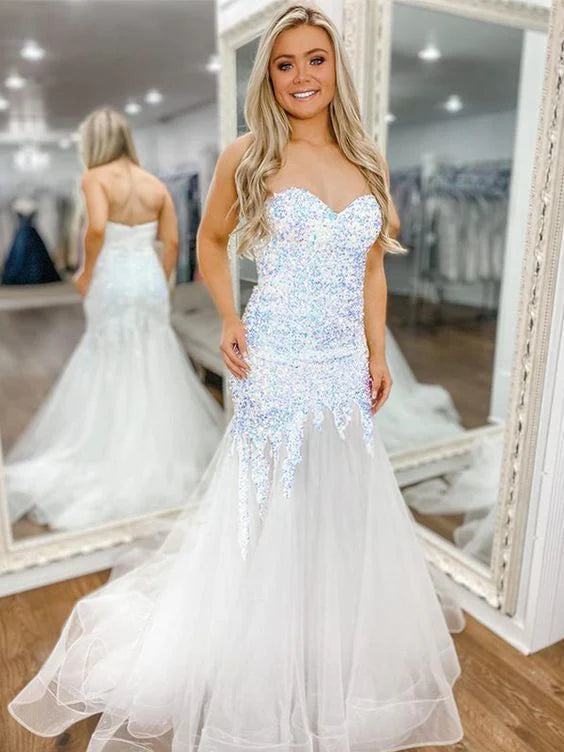 Charming Mermaid Strapless Sequins Tulle White Long Prom Dress