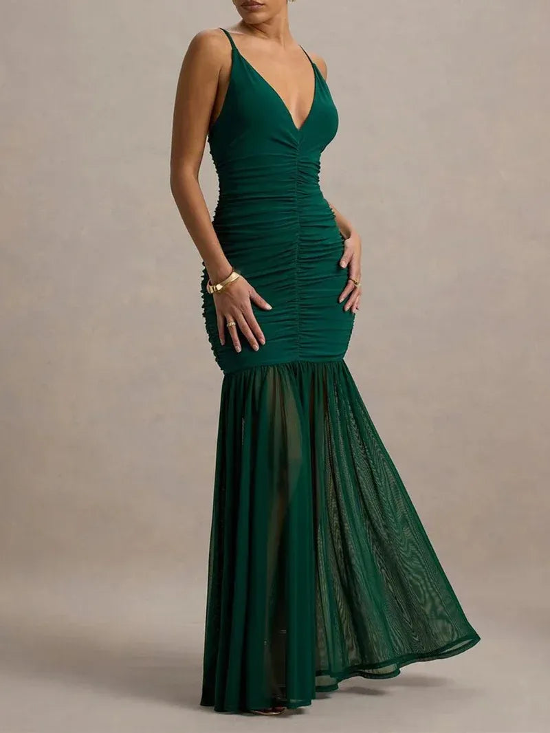 Charming Mermaid V-Neck Spaghetti Strap Ruched Dark Green Floor-Length Prom Dress