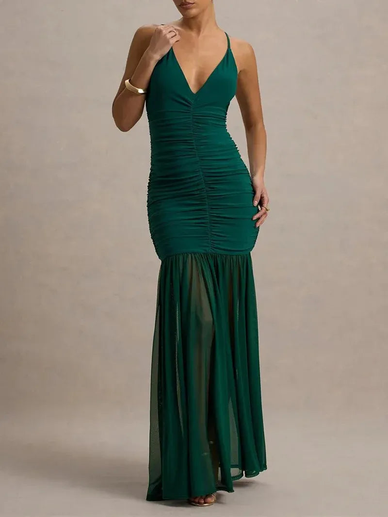 Charming Mermaid V-Neck Spaghetti Strap Ruched Dark Green Floor-Length Prom Dress
