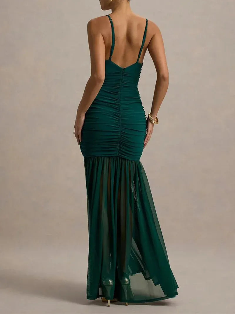 Charming Mermaid V-Neck Spaghetti Strap Ruched Dark Green Floor-Length Prom Dress