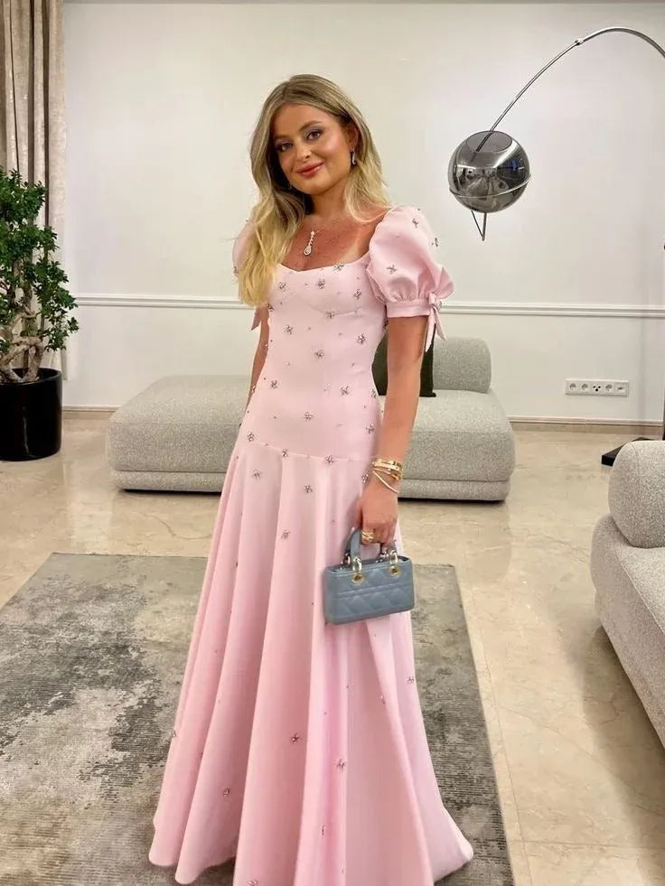 Charming Satin Maxi Evening Dress Blush Square Neck Puff-Sleeve for Women