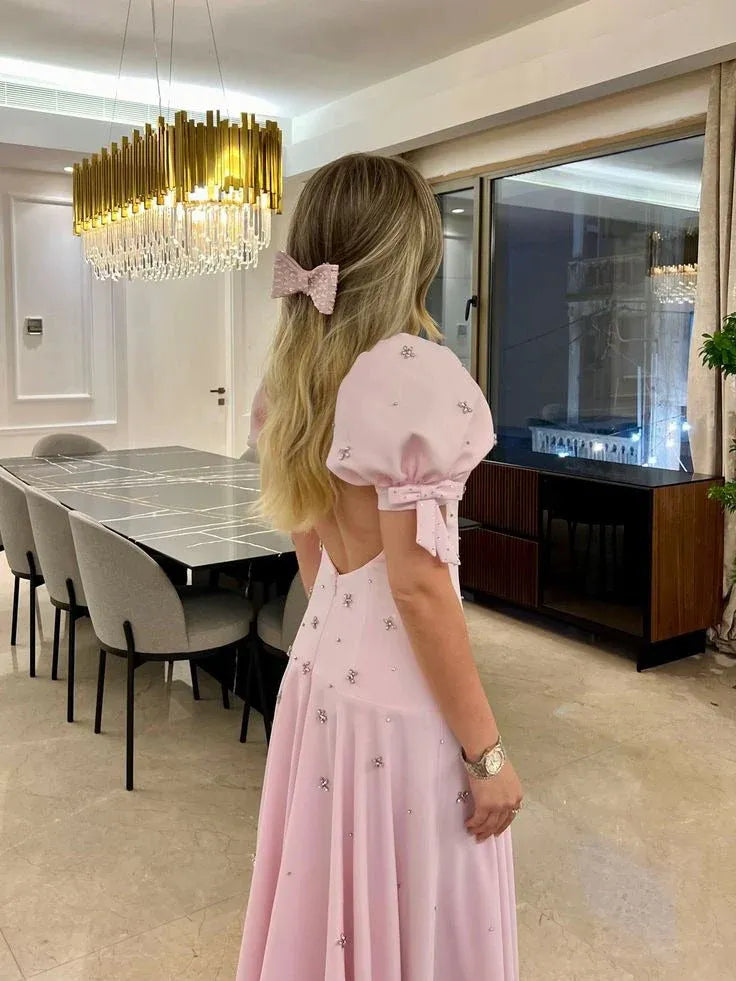 Charming Satin Maxi Evening Dress Blush Square Neck Puff-Sleeve for Women
