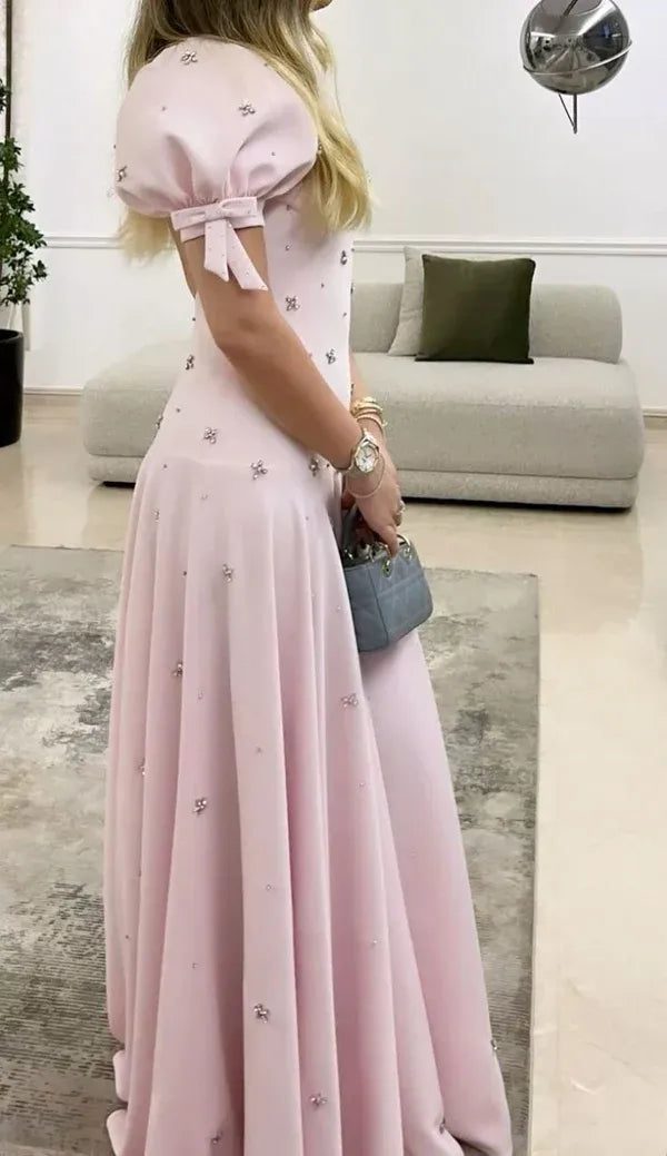Charming Satin Maxi Evening Dress Blush Square Neck Puff-Sleeve for Women