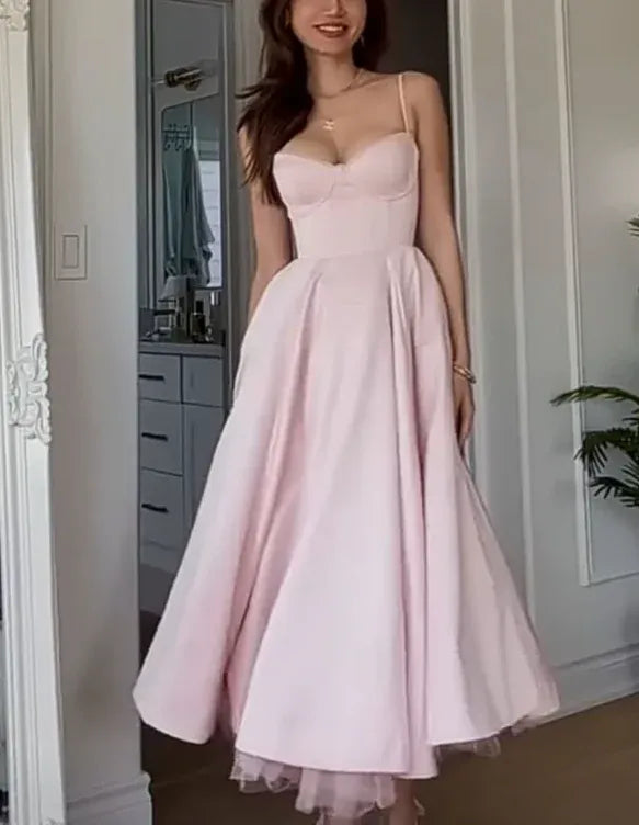 Charming Satin Midi Evening Dress Blush Sweetheart Neck Spaghetti Sleeve for Women
