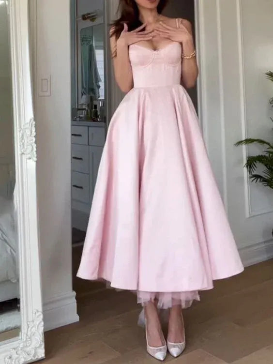 Charming Satin Midi Evening Dress Blush Sweetheart Neck Spaghetti Sleeve for Women