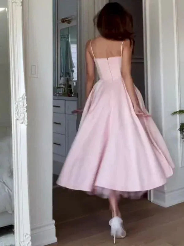 Charming Satin Midi Evening Dress Blush Sweetheart Neck Spaghetti Sleeve for Women
