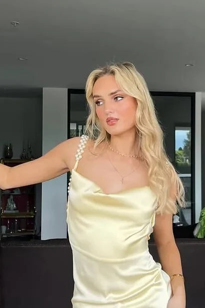 Charming Sheath Spaghetti Straps Pearl Yellow Long Prom Dress Party Dress