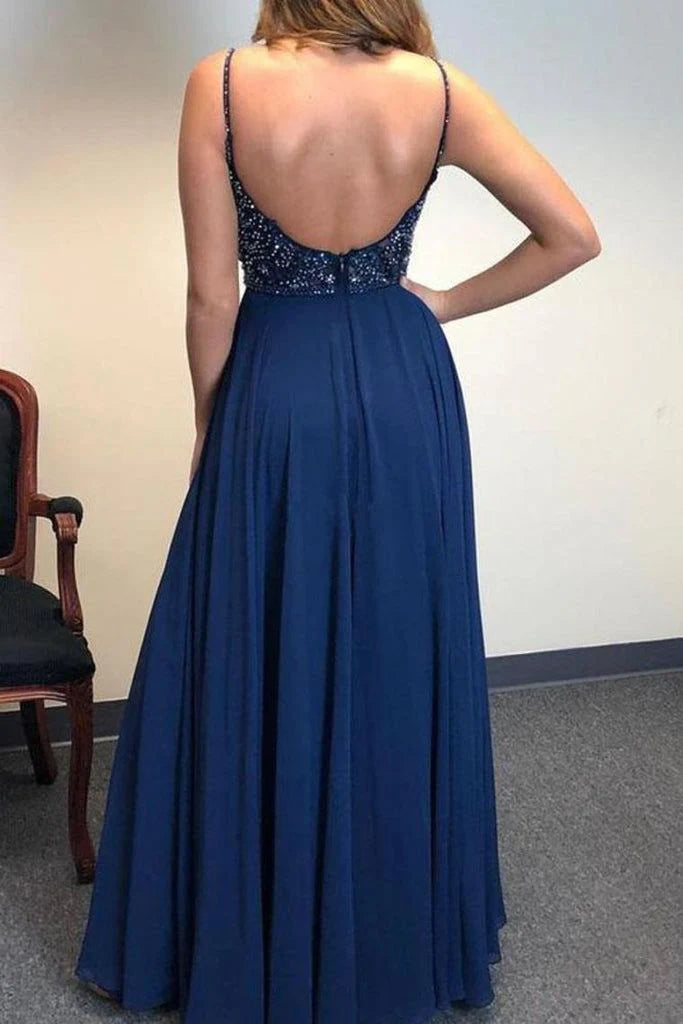 Charming Spaghetti Straps Beaded Dark Navy Prom Dress With Slit