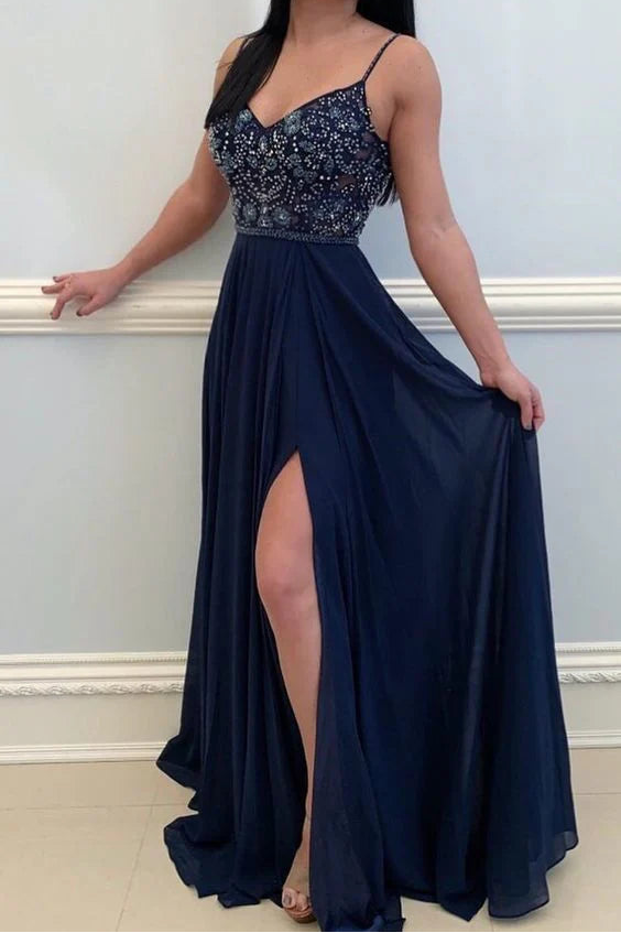 Charming Spaghetti Straps Beaded Dark Navy Prom Dress With Slit
