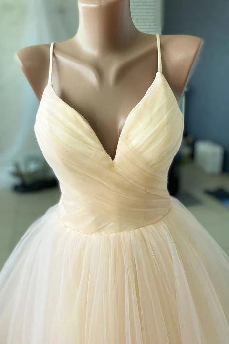 Charming Spaghetti Straps Pleated Tulle Champagne Floor Length Prom Dress