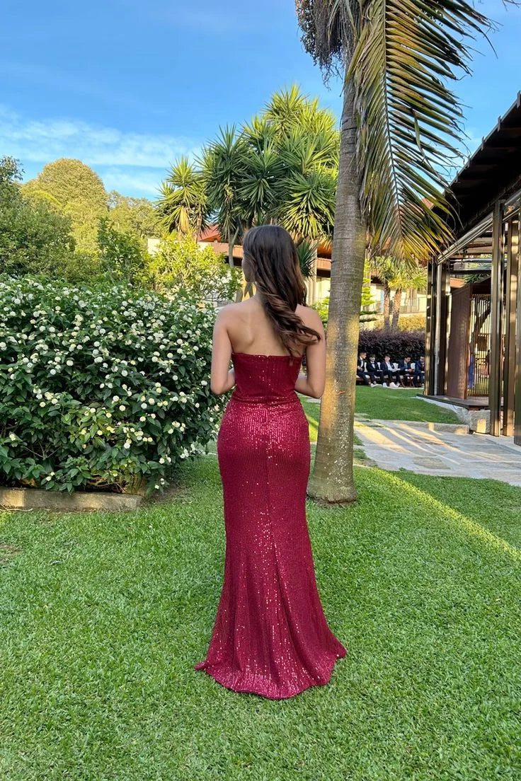 Charming Sweetheart Slit Sequin Burgundy Long Prom Dress Evening Dress