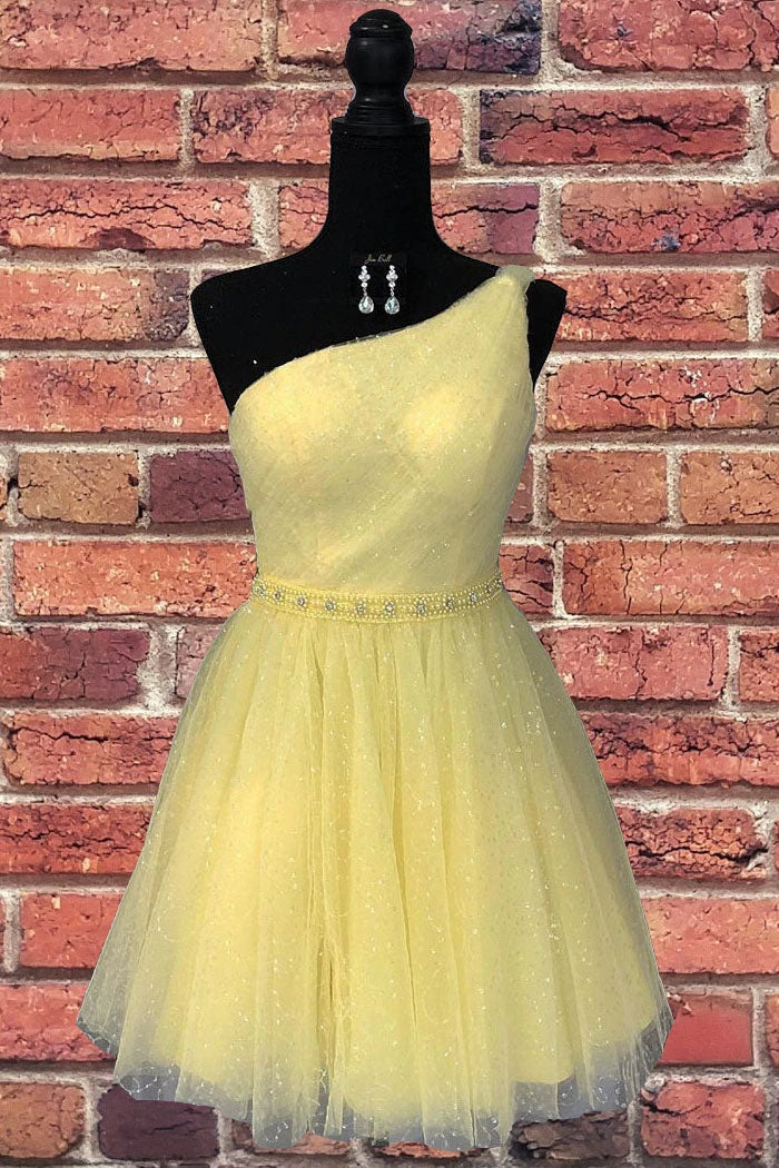 Charming A-Line One-Shoulder Beaded Glitter Yellow Short Homecoming Dress