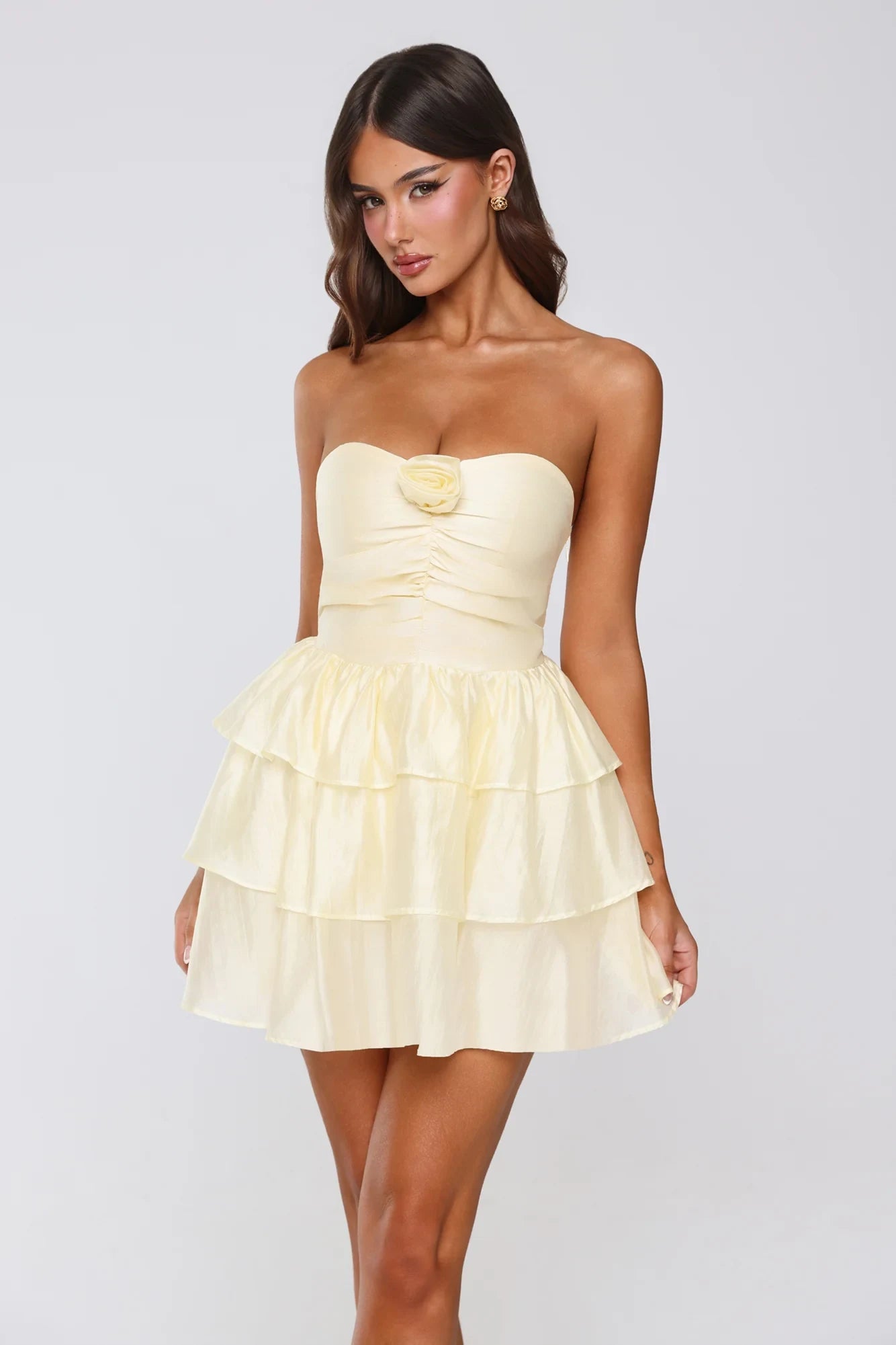 Charming A-Line Strapless Ruffled Tiered Pale Yellow Short Homecoming Dress