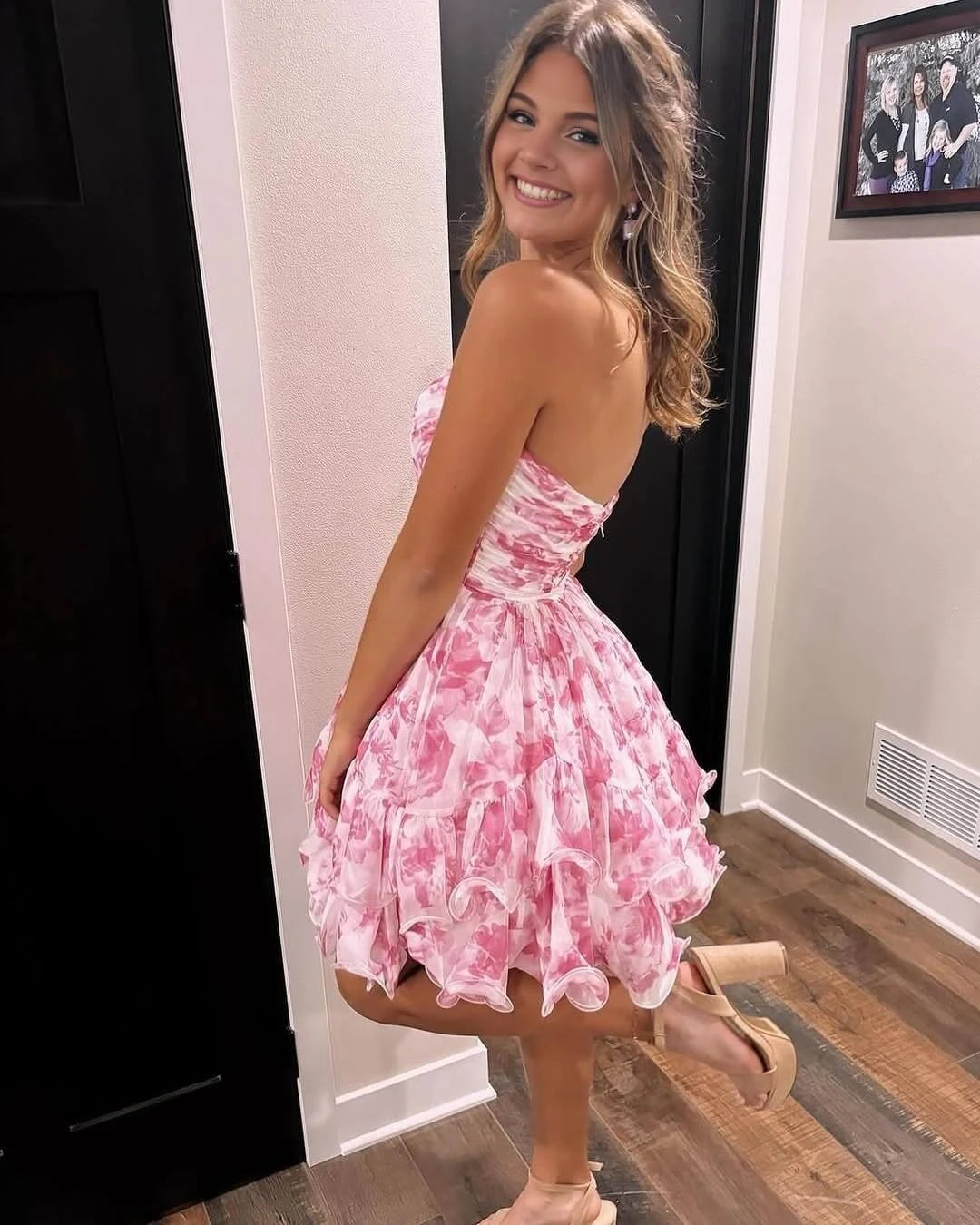 Charming A-Line Sweetheart Floral Ruffled Pink Short Homecoming Dress