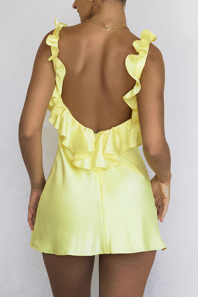 Charming A-Line V Neck Ruffled Backless Yellow Mini Homecoming Dresses