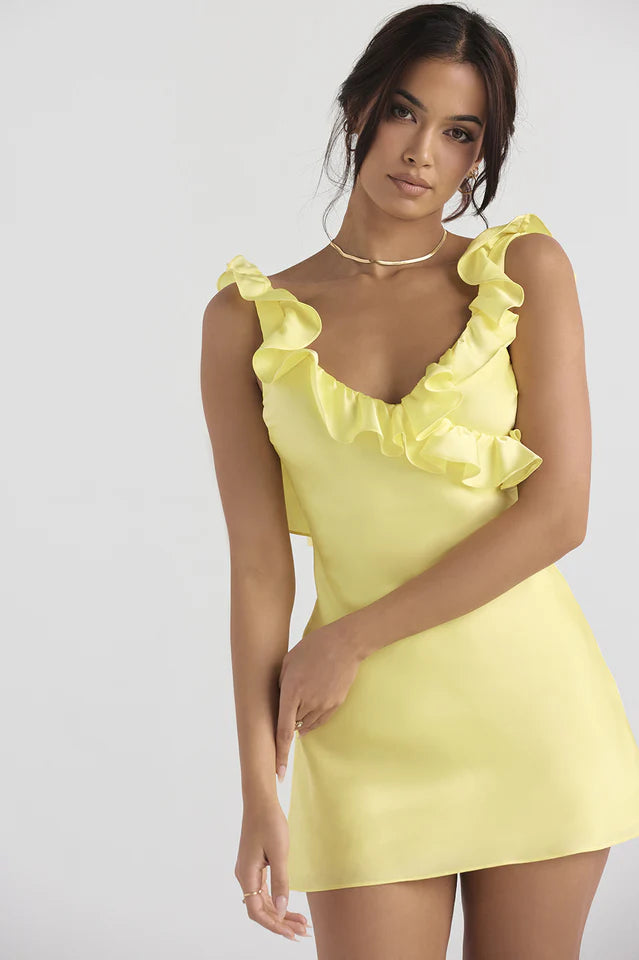 Charming A-Line V Neck Ruffled Backless Yellow Mini Homecoming Dresses