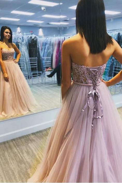 Charming A-line Sweetheart Applique Tulle Purple Floor Length Prom Dress