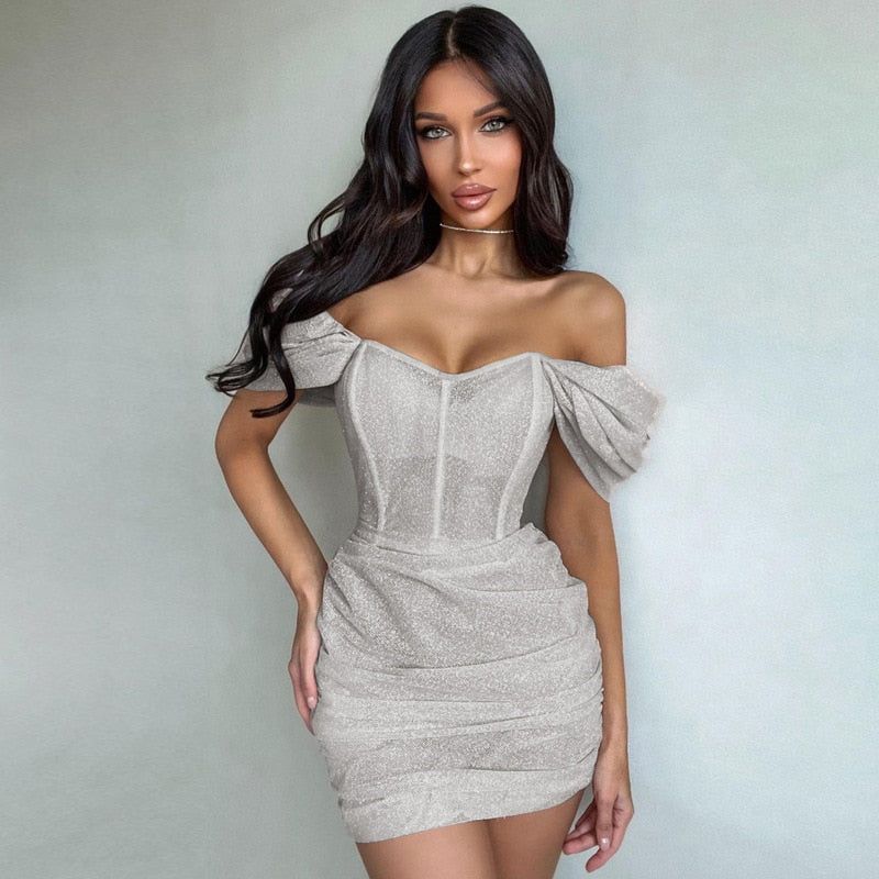 Charming Bodycon Off-Shoulder Corset Ruched Shimmering Silver Mini Homecoming Dresses