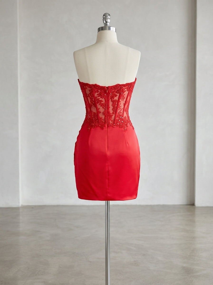 Charming Bodycon Sweetheart Corset Appliqued Corset Ruched Red Short Homecoming Dresses