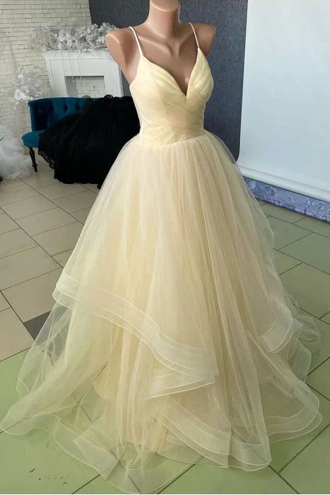 Charming Spaghetti Straps Pleated Tulle Champagne Floor Length Prom Dress