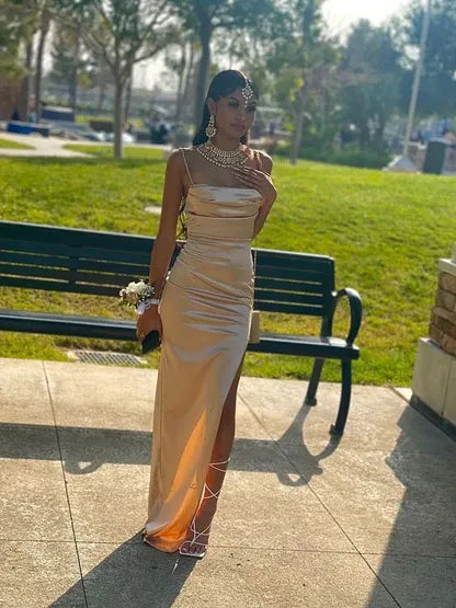 Cheap Sheath Spaghetti Straps Sleeveless Slit Satin Floor-Length Prom Dress