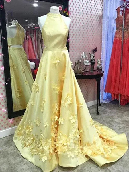 Cheerful A Line Round Neck Sleeveless 3D Flowers Satin Yellow Train Prom Dress