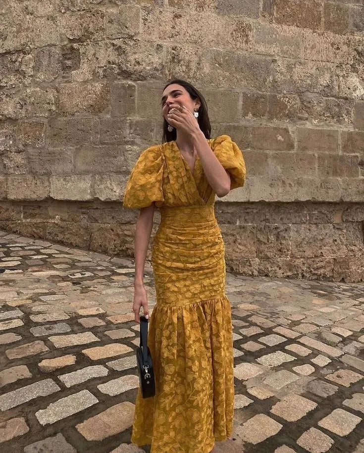 Cheerful Mermaid V-Neck Puff-Sleeve Floral Brocade Mustard Maxi Evening Dress for Women