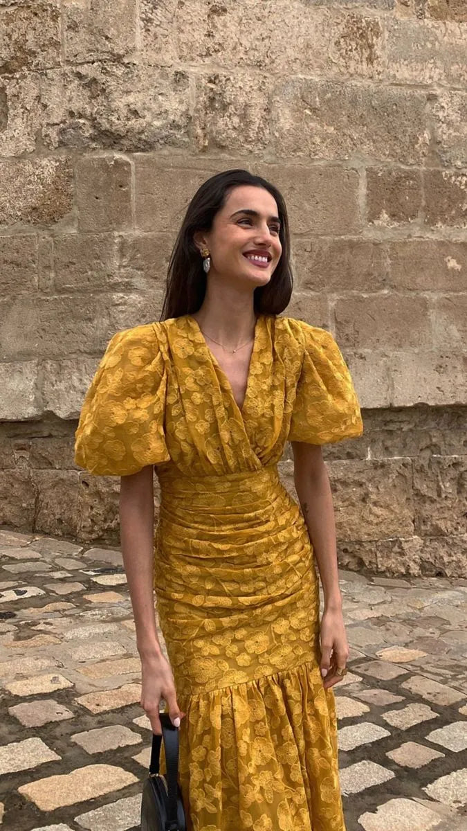 Cheerful Mermaid V-Neck Puff-Sleeve Floral Brocade Mustard Maxi Evening Dress for Women