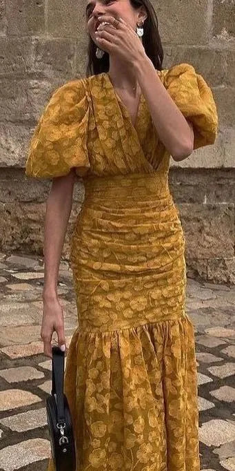 Cheerful Mermaid V-Neck Puff-Sleeve Floral Brocade Mustard Maxi Evening Dress for Women