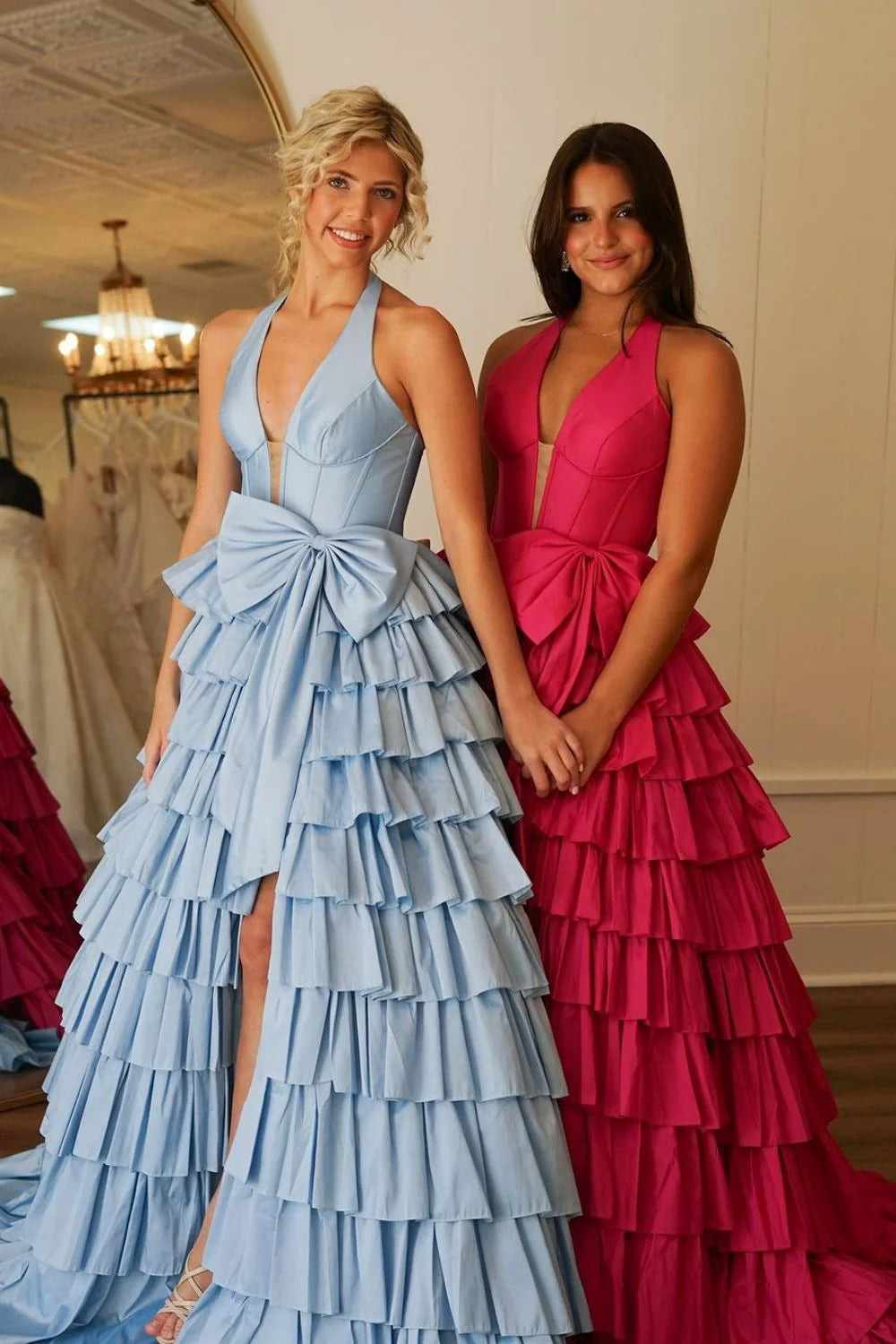 A-Line halter neck satin prom dress with bowknot and slit, full view.