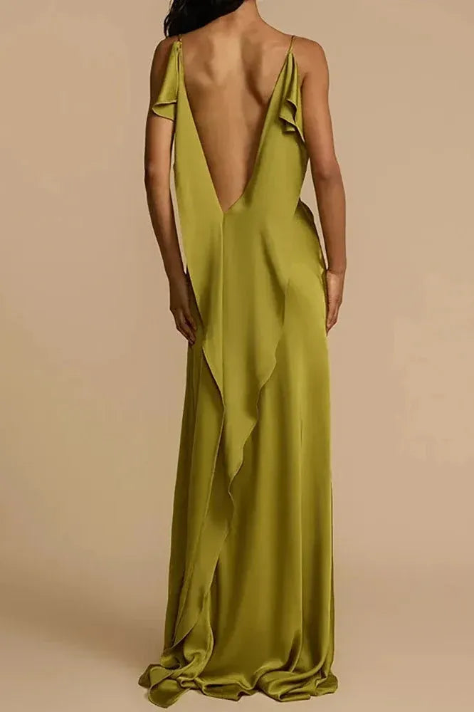 Chic A-Line Cowl Neck Ruffle Satin Olive Floor Length Prom Dress With High Slit