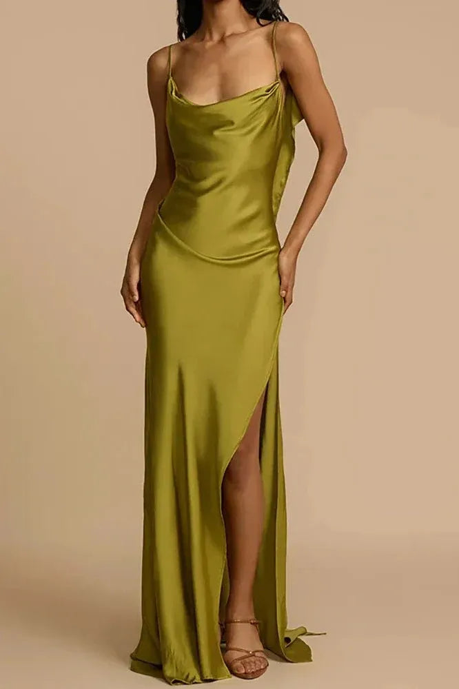 Chic A-Line Cowl Neck Ruffle Satin Olive Floor Length Prom Dress With High Slit