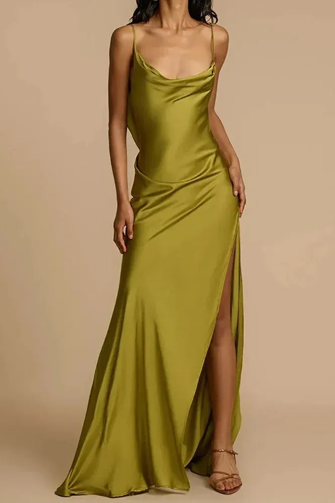 Chic A-Line Cowl Neck Ruffle Satin Olive Floor Length Prom Dress With High Slit