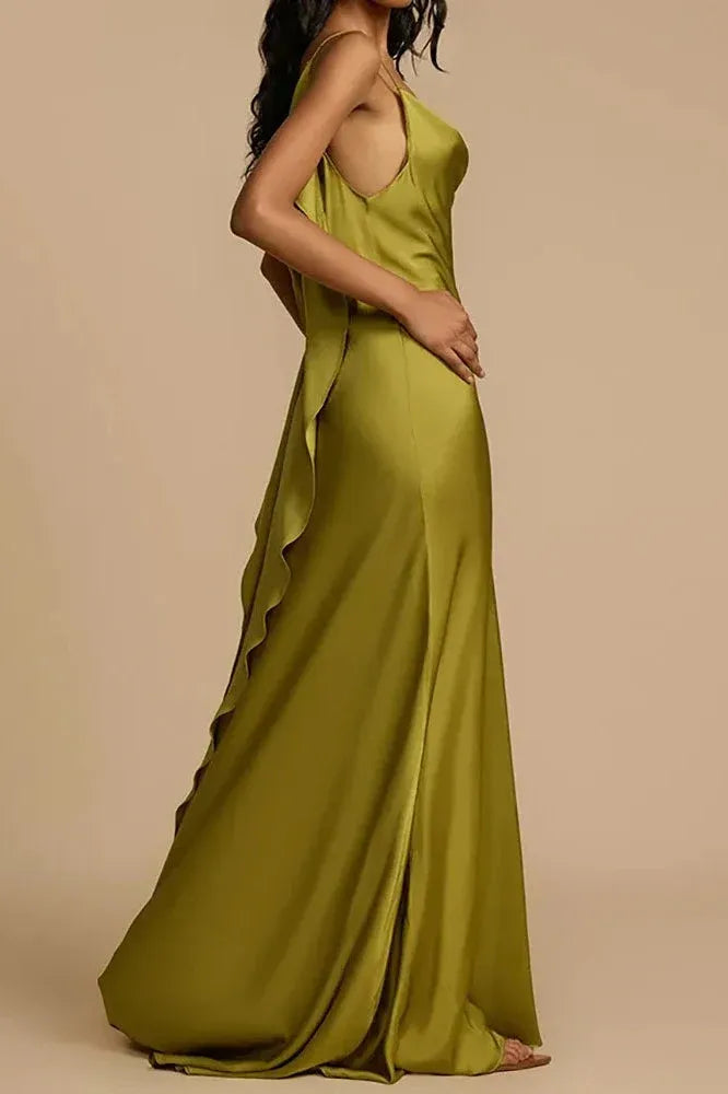 Chic A-Line Cowl Neck Ruffle Satin Olive Floor Length Prom Dress With High Slit