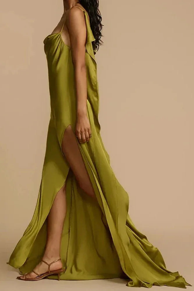 Chic A-Line Cowl Neck Ruffle Satin Olive Floor Length Prom Dress With High Slit