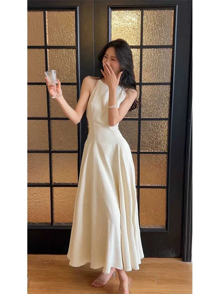 Chic A-Line Halter-Neck Sleeveless Cutout Fabric Ivory Floor-Length Evening Dress for Women