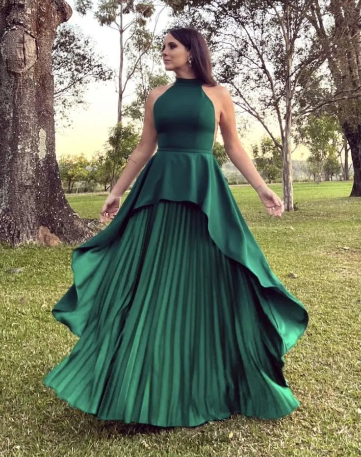 Chic A-Line Halter Neck Sleeveless Satin Floor-Length Prom Dress