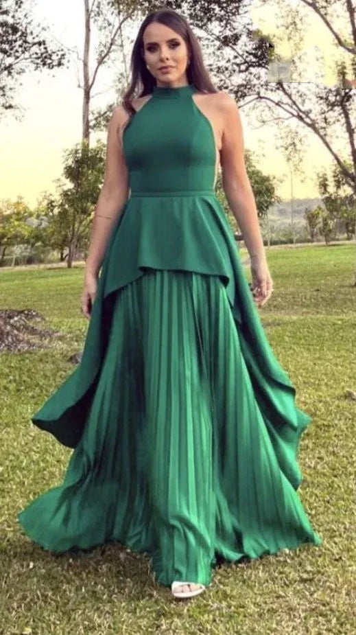 Chic A-Line Halter Neck Sleeveless Satin Floor-Length Prom Dress