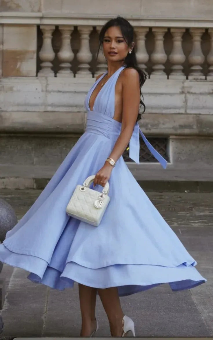 Chic A-Line Halter Neck Sleeveless Tiered Sky Blue Midi Prom Dress for Women Ready to Ship