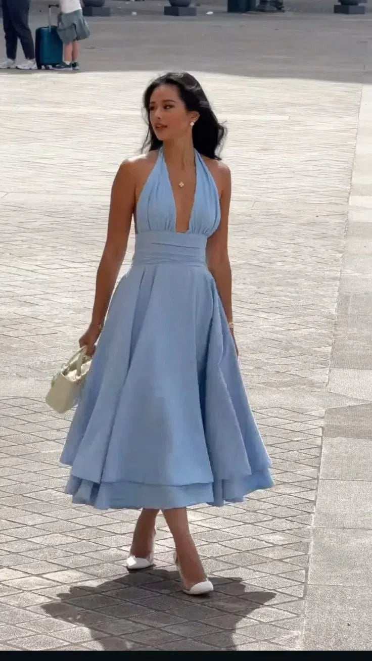 Chic A-Line Halter Neck Sleeveless Tiered Sky Blue Midi Prom Dress for Women Ready to Ship