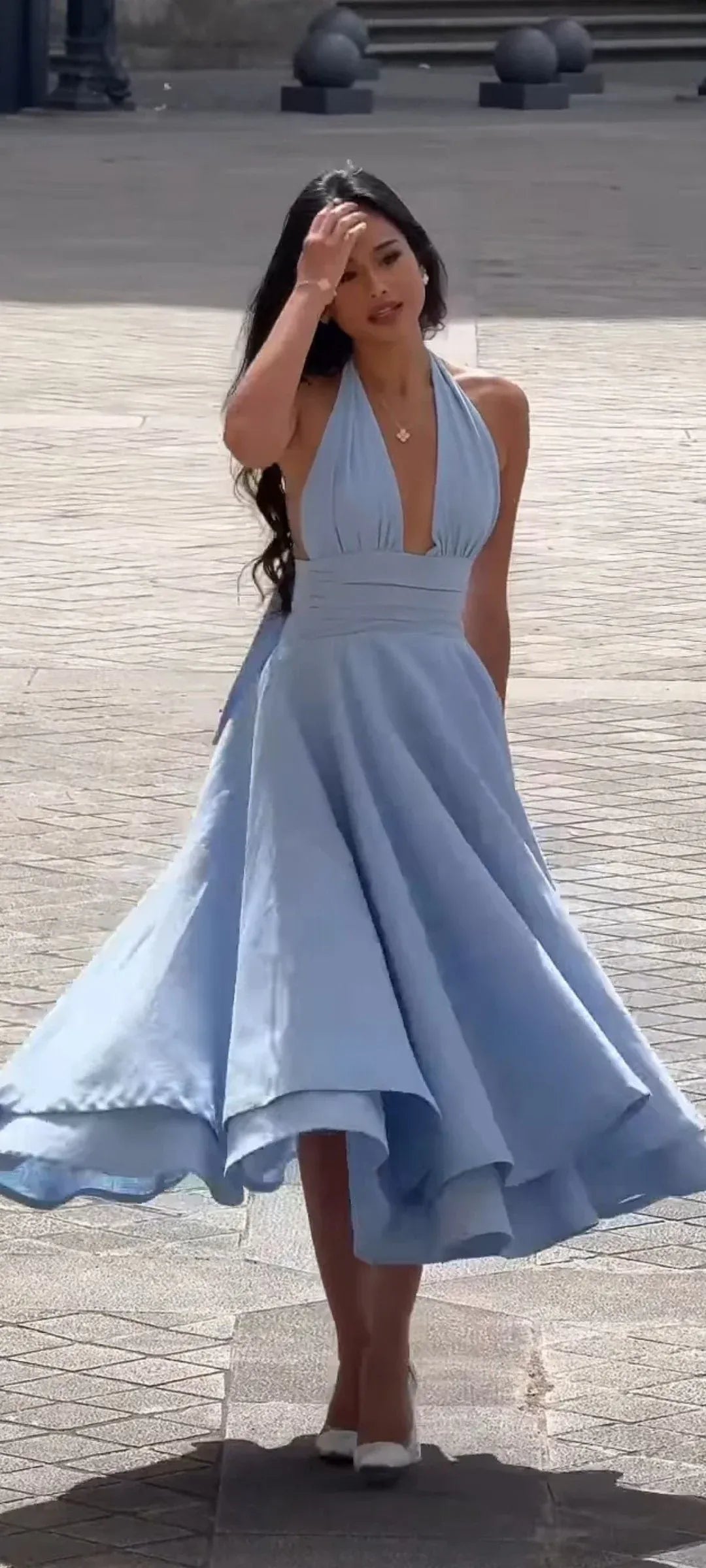 Chic A-Line Halter Neck Sleeveless Tiered Sky Blue Midi Prom Dress for Women Ready to Ship