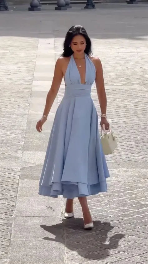 Chic A-Line Halter Neck Sleeveless Tiered Sky Blue Midi Prom Dress for Women Ready to Ship