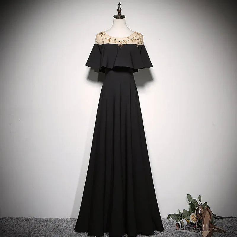 Chic A-Line Off-Shoulder Embellished Black Maxi Evening Dress for Women