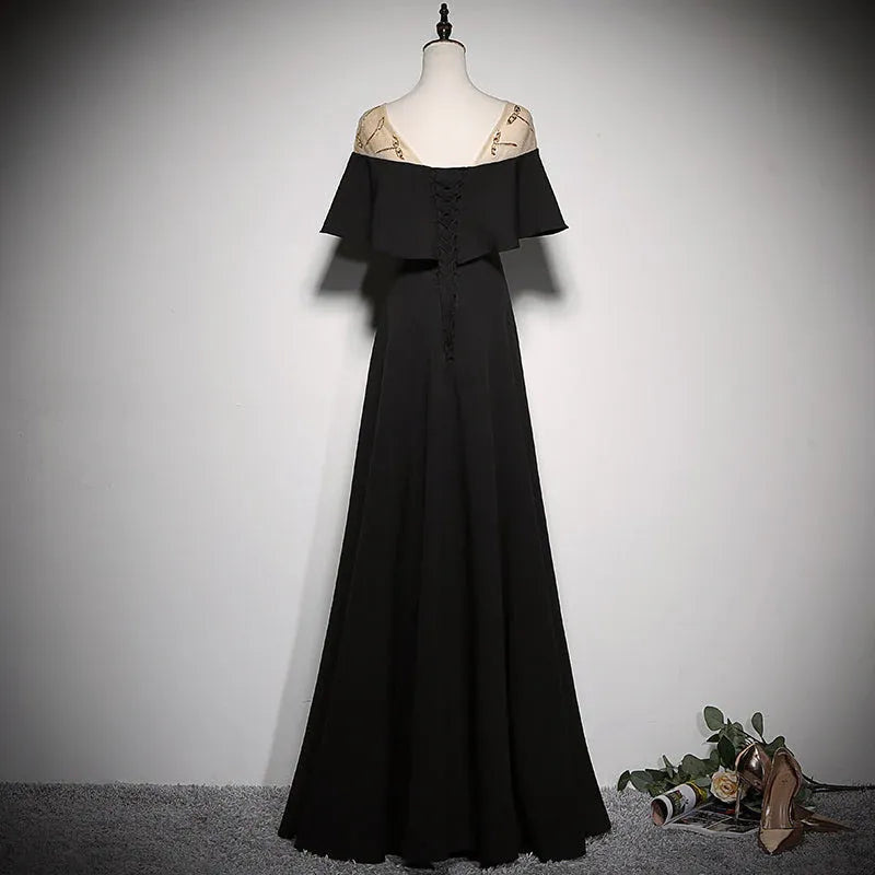 Chic A-Line Off-Shoulder Embellished Black Maxi Evening Dress for Women